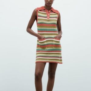 Zara Crochet Knit Dress Sleeveless Collared Colorful Stripes Mini Dress